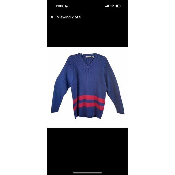 VINTAGE East Island Solid Navy Blue Red Stripes V Neck Sweater 100% Cotton XL - Picture 2 of 6